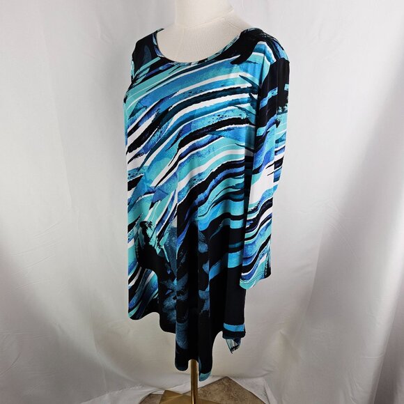 Clara Sun Woo Asymmetrical Tunic Top Medium Blue Ocean Print 3/4 Sleeve - Picture 3 of 8